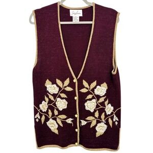 Vintage Eclectic‎ Retro Burgundy Metallic Floral Button Vest Festive Grannycore